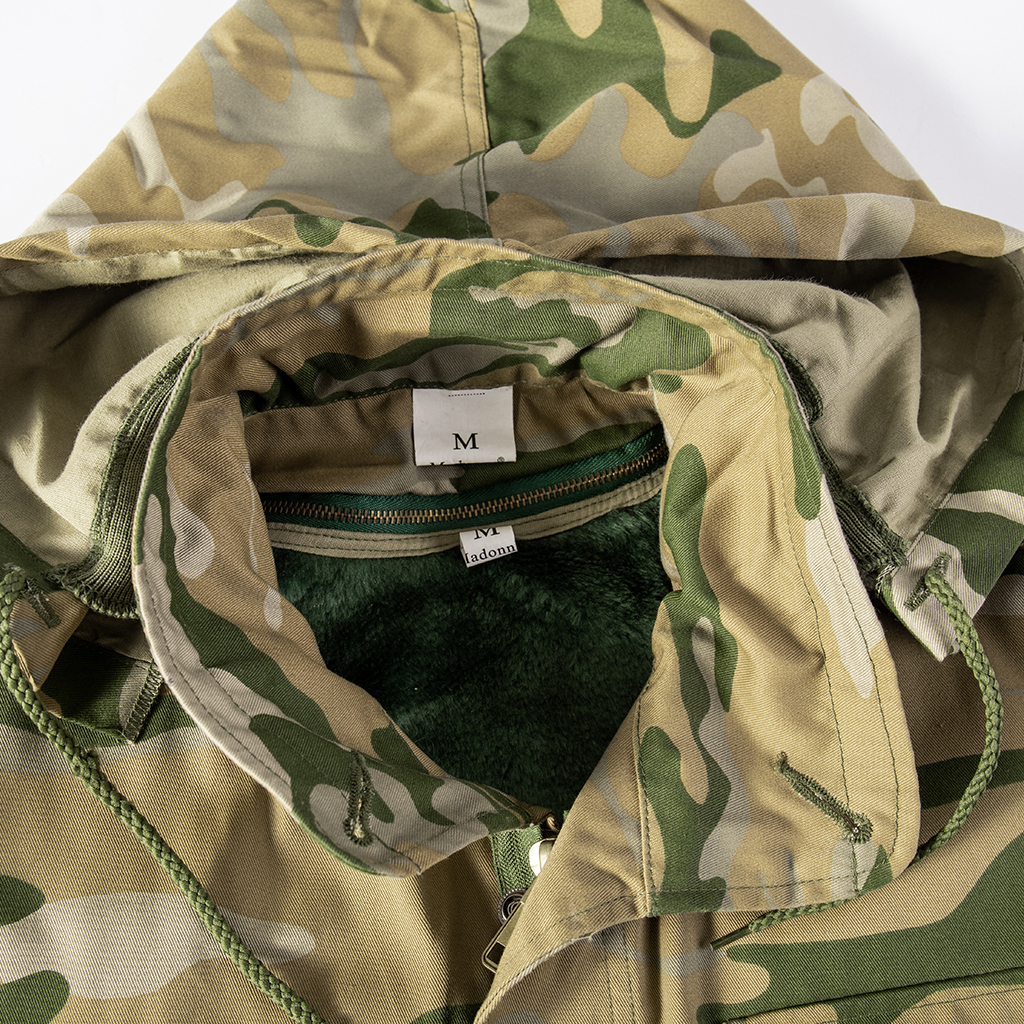 Close-up of the collar on the custom Yemen camo M65 field jacket, with the optional fleece liner visible.