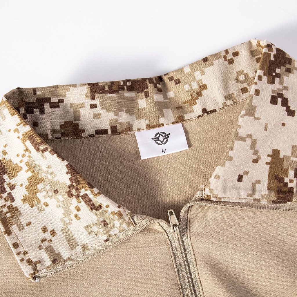 Close-up of the quarter-zip collar on the short sleeve desert digital combat shirt, showing the rip-stop camo fabric.