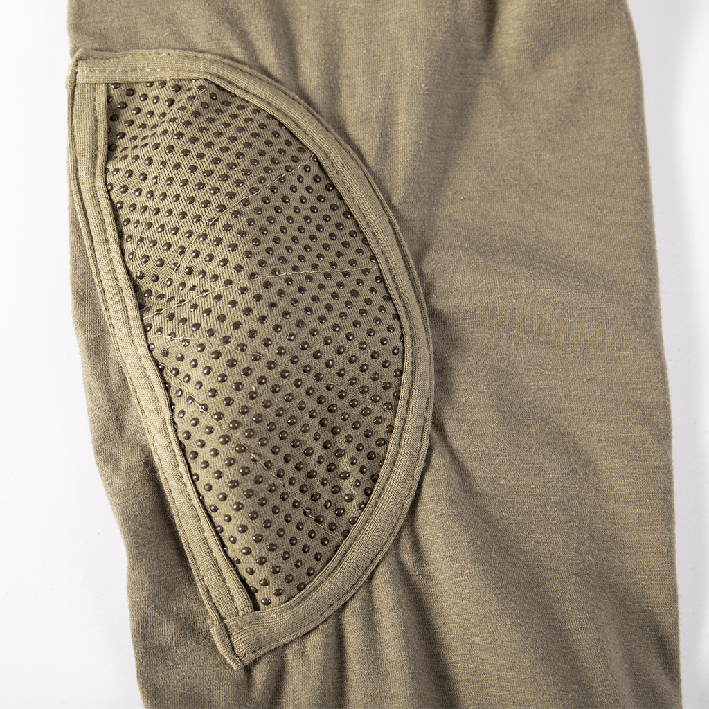 Close-up of the integrated anti-slip elbow pad on the sleeve of the custom khaki G4 long sleeve combat shirt.