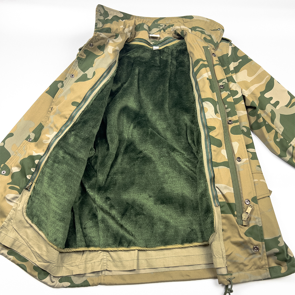 Interior view of the custom Yemen camo M65 field jacket showing the full optional removable fleece liner.