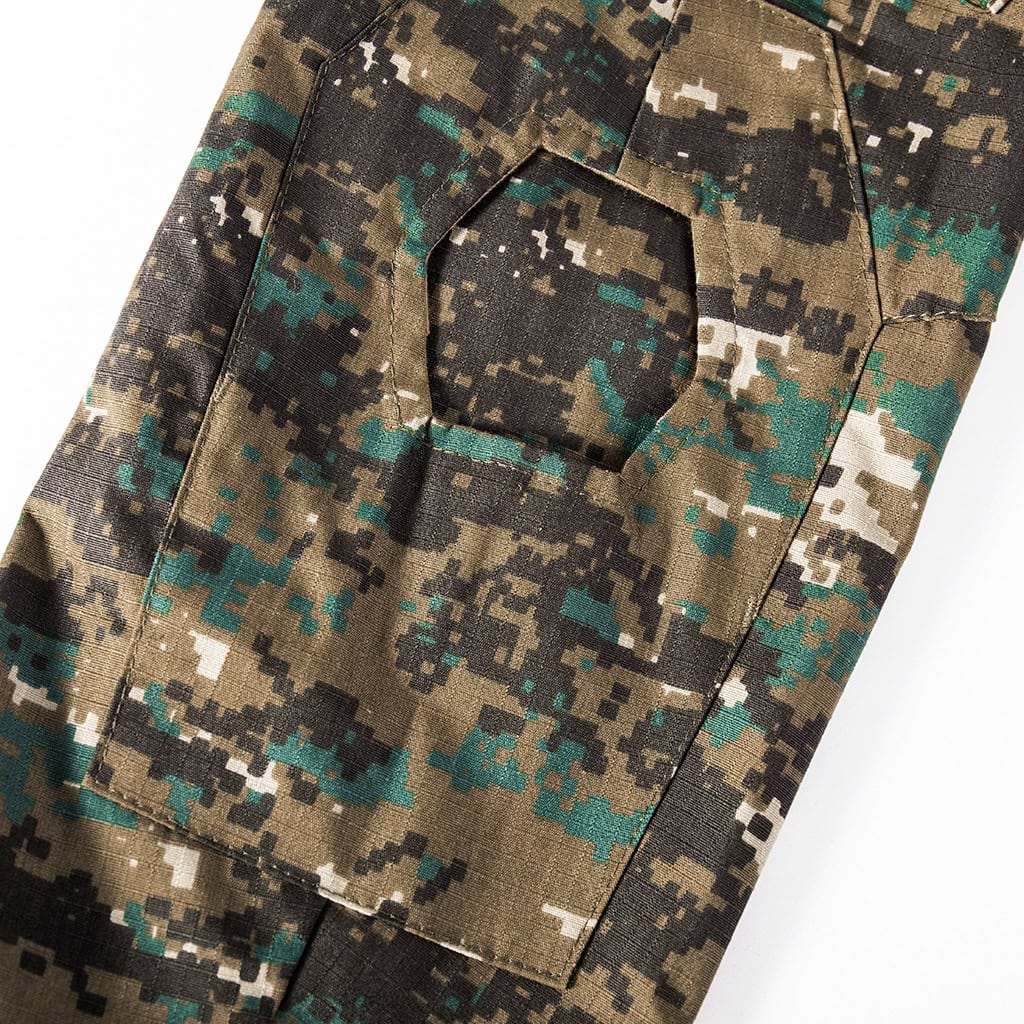 Detail of the integrated elbow pad pocket on the sleeve of the custom jungle digital long sleeve combat shirt.