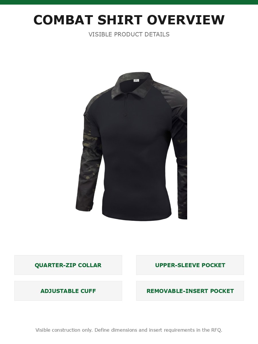 Visible construction overview of the black combat shirt sample, including collar, sleeve pocket, cuff, and insert-pocket area.