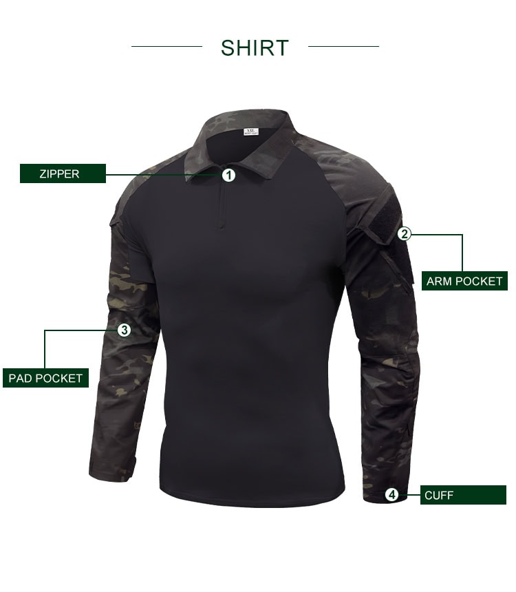 Infographic detailing the features of the custom black CP G2 combat shirt: zipper, arm pocket, pad pocket, and cuff.