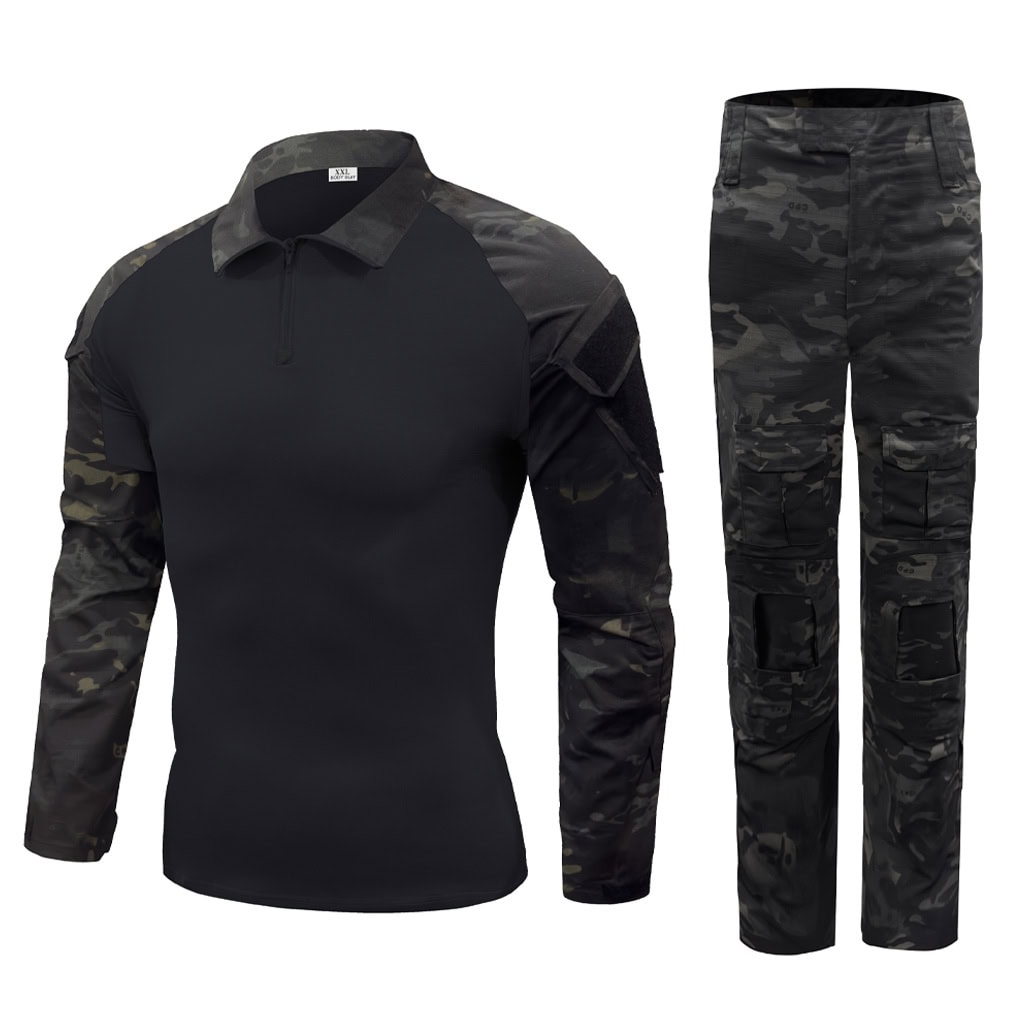 Front view of the complete custom black CP G2 combat uniform, featuring the combat shirt and tactical pants with pad pockets.