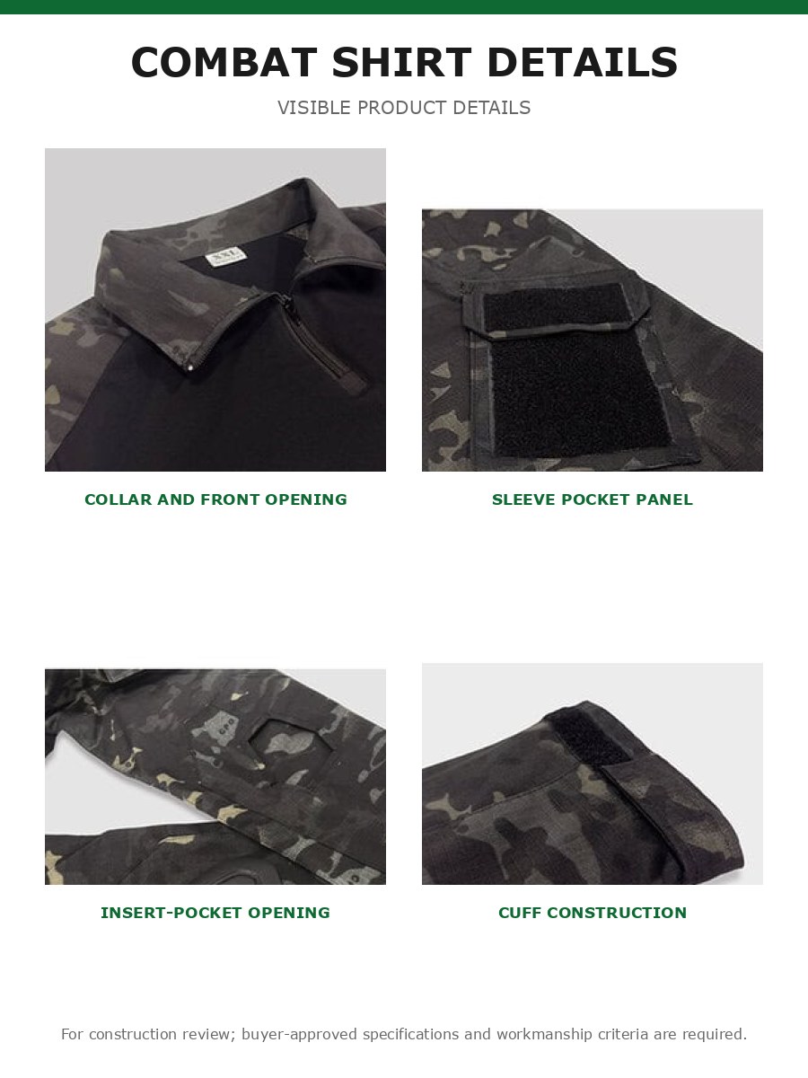 Product detail photos of the black combat shirt collar, sleeve pocket panel, insert-pocket opening, and cuff construction.