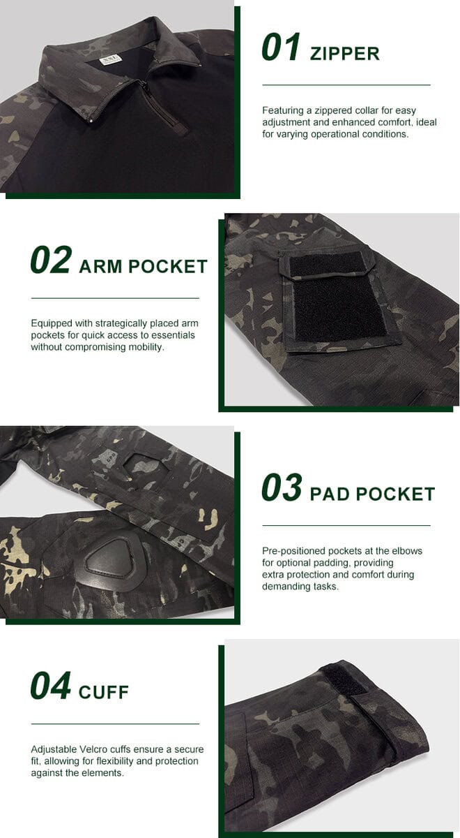 Detailed infographic of four black G2 combat shirt features: zippered collar, velcro arm pocket, elbow pad pocket, and velcro cuff.