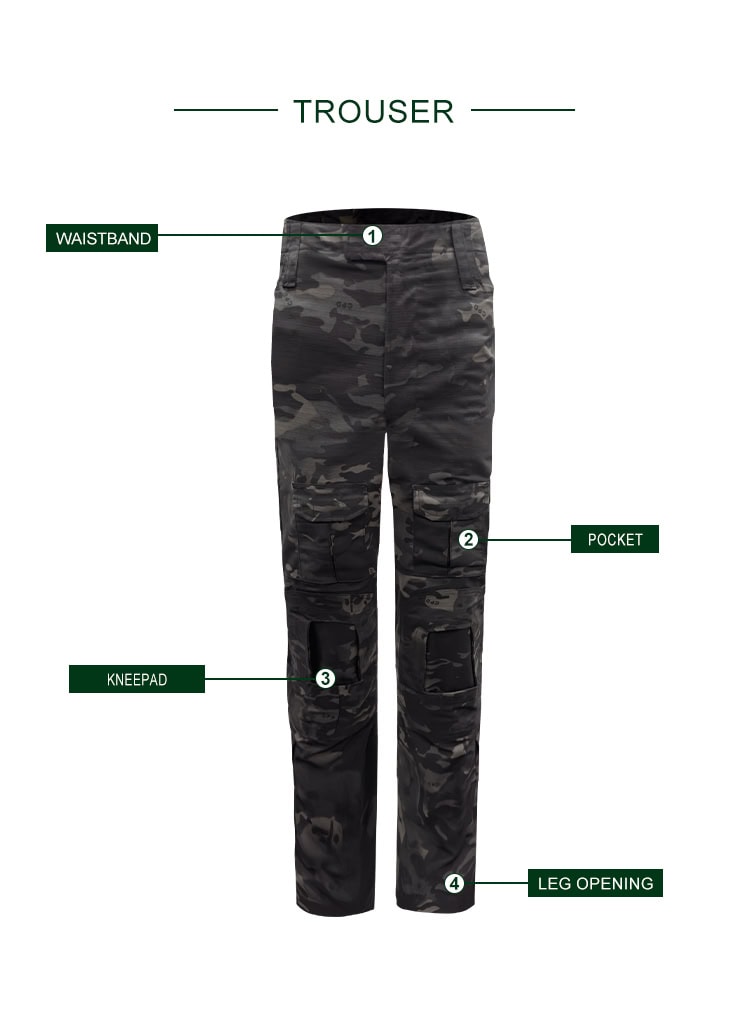 Infographic of the custom black CP G2 combat uniform trousers, highlighting the waistband, pockets, knee pad, and leg opening.