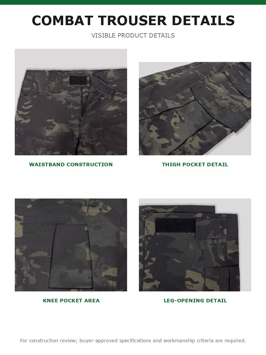 Product detail photos of the dark camouflage combat trouser waistband, thigh pocket, knee pocket area, and leg-opening construction.