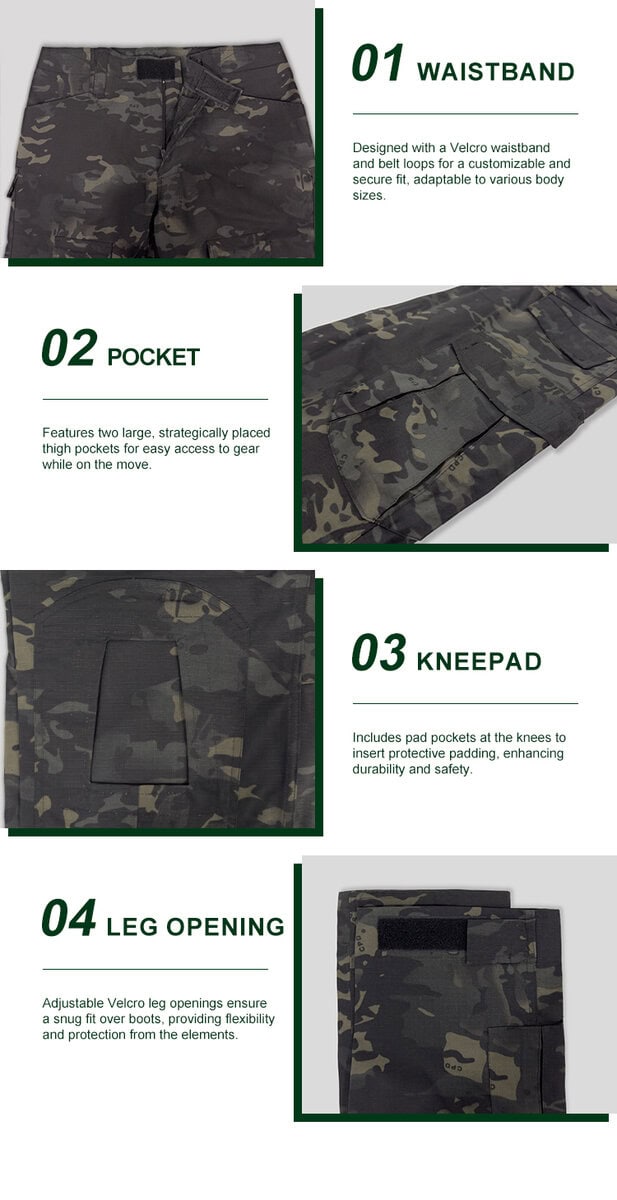 Detailed infographic of four black CP G2 trouser features: velcro waistband, thigh pocket, knee pad pocket, and velcro leg opening.
