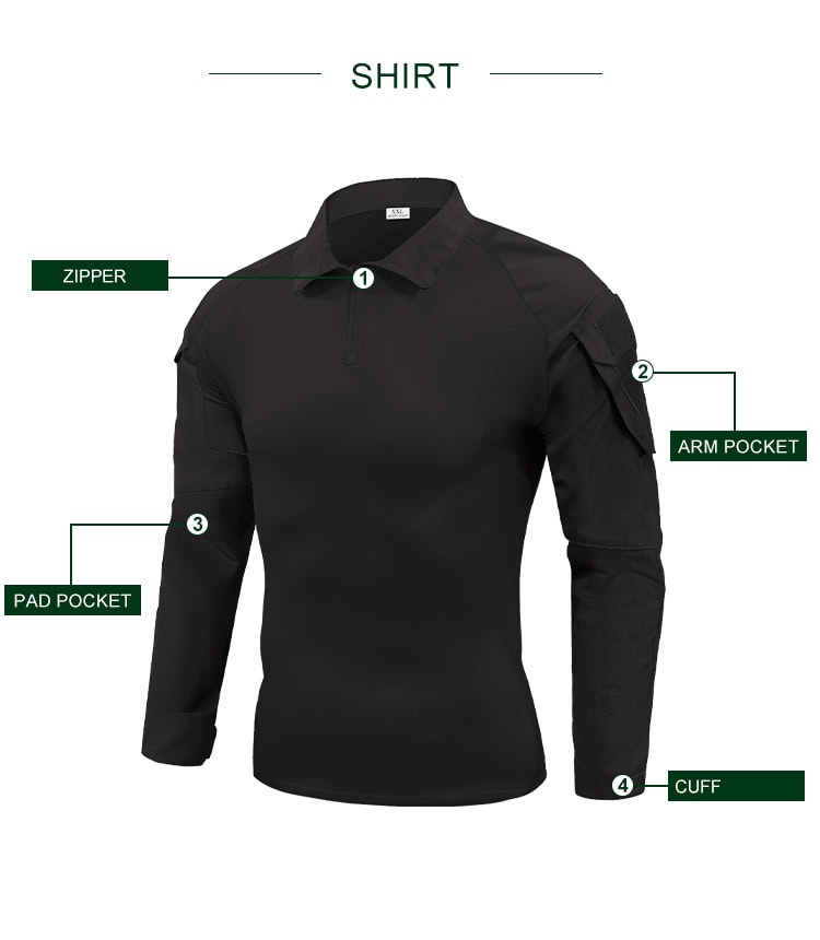 Infographic detailing the features of the custom black G2 combat shirt: zipper, arm pocket, pad pocket, and cuff.