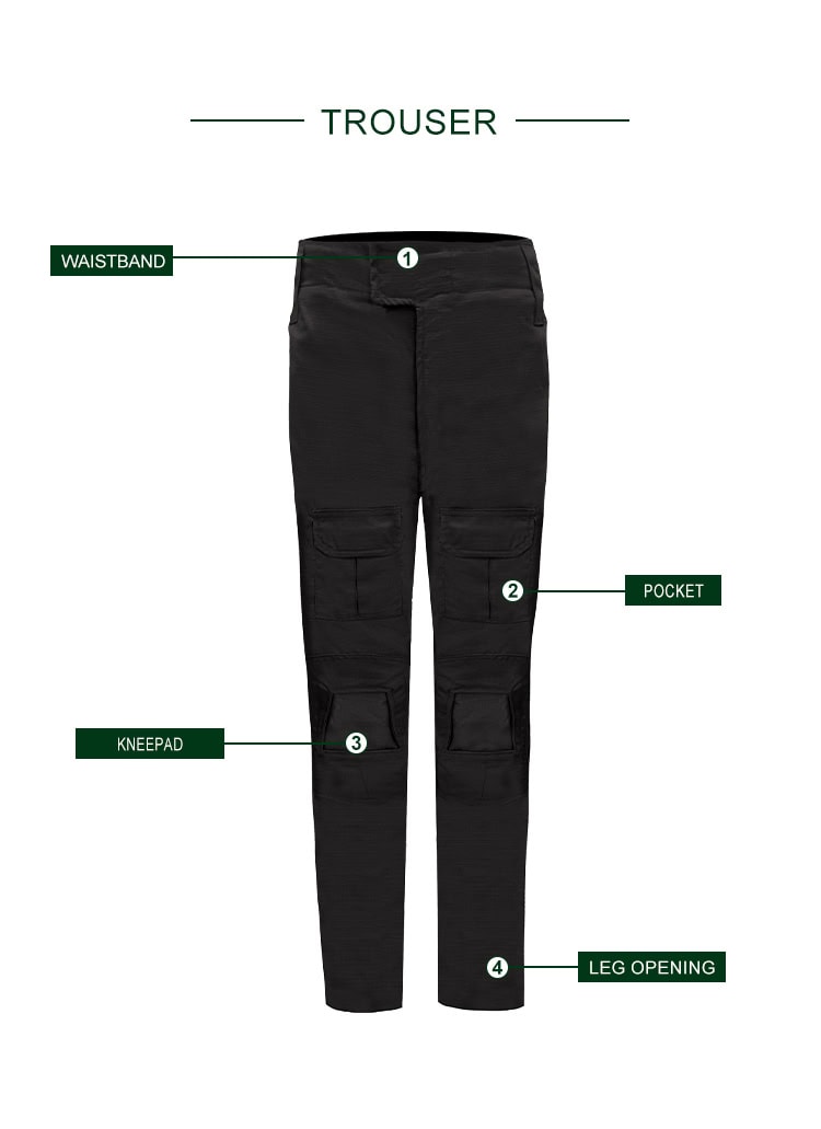 Infographic of the custom black G2 combat uniform trousers, highlighting the waistband, pockets, knee pad, and leg opening.