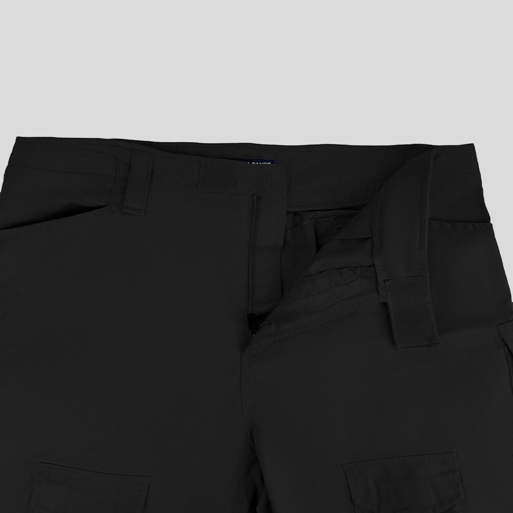 Close-up of the velcro-adjustable waistband on the custom black G2 combat uniform trousers.