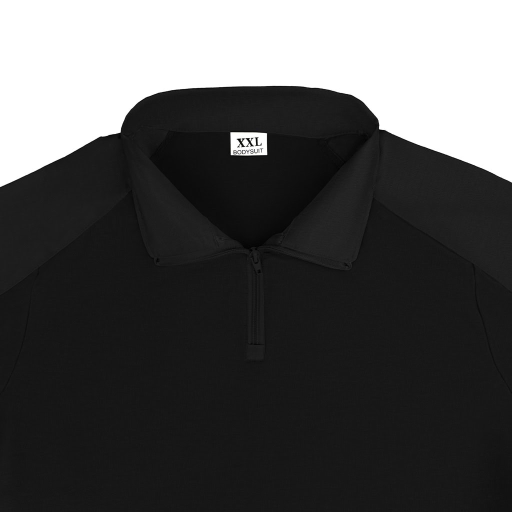 Close-up of the quarter-zip collar on the custom black G2 long sleeve combat shirt.