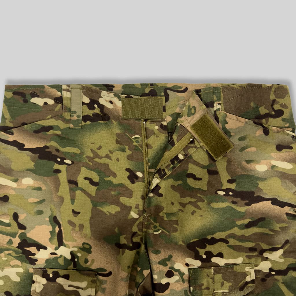 Close-up of the velcro-adjustable waistband on the custom CP camo G3 combat uniform trousers.