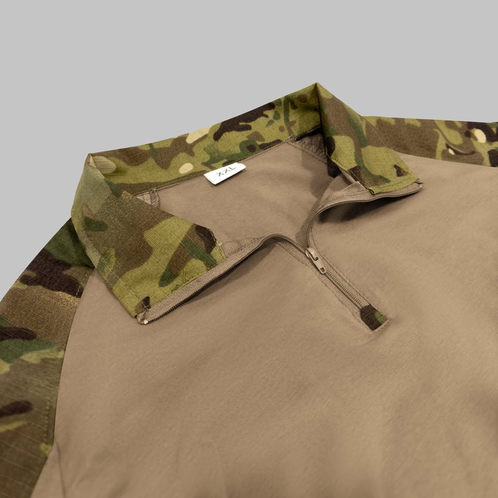 Close-up of the quarter-zip collar on the custom CP camo G3 long sleeve combat shirt.
