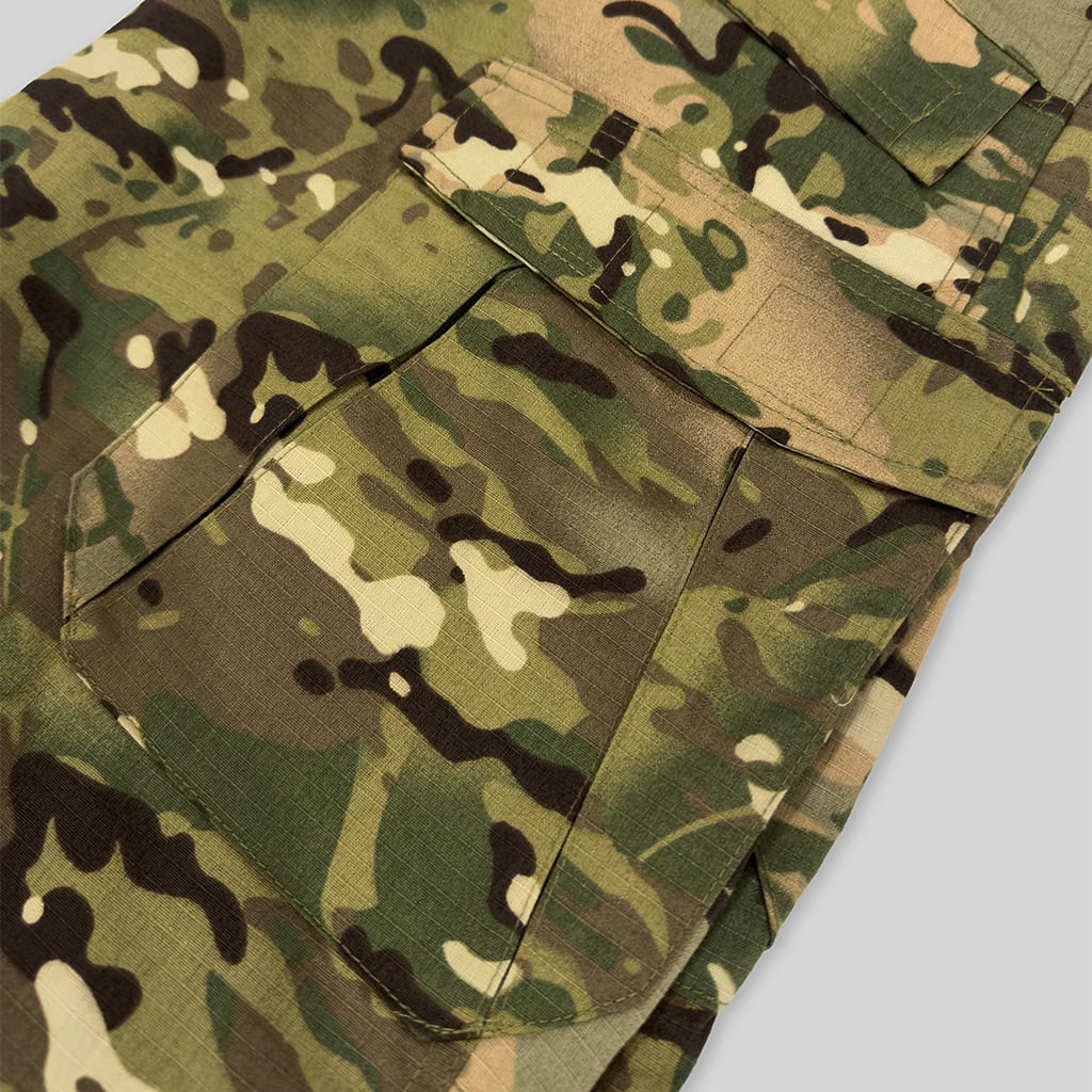 Close-up of the large cargo pocket on the custom CP camo G3 combat uniform trousers.