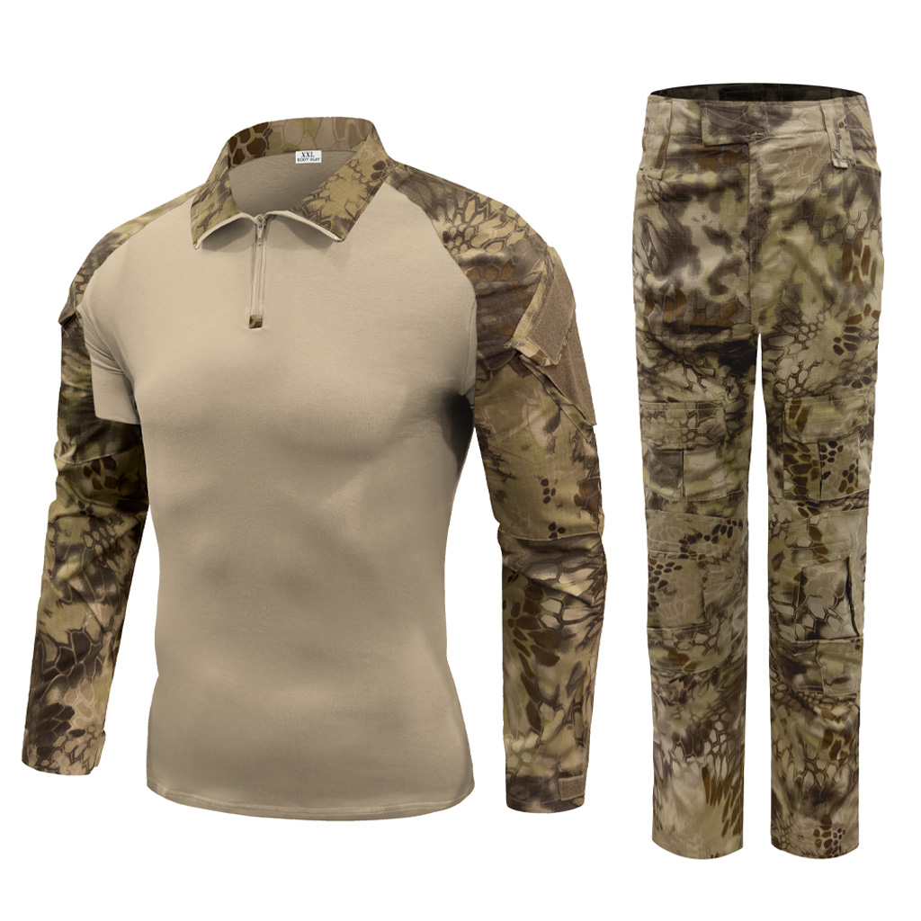 Front view of the complete custom python camo G2 combat uniform, featuring the combat shirt and tactical pants with pad pockets.