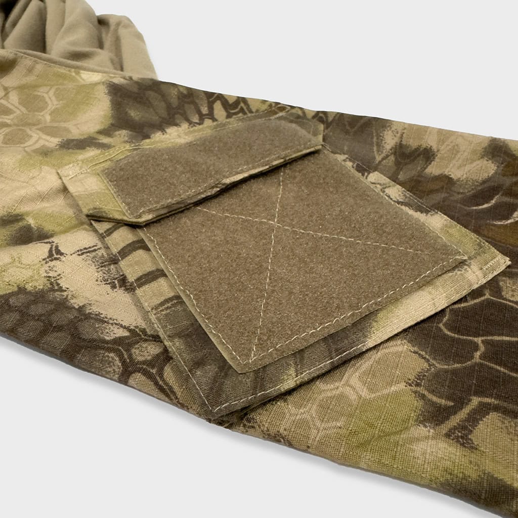 Close-up of the velcro arm pocket on the sleeve of the custom python camo G2 combat shirt.