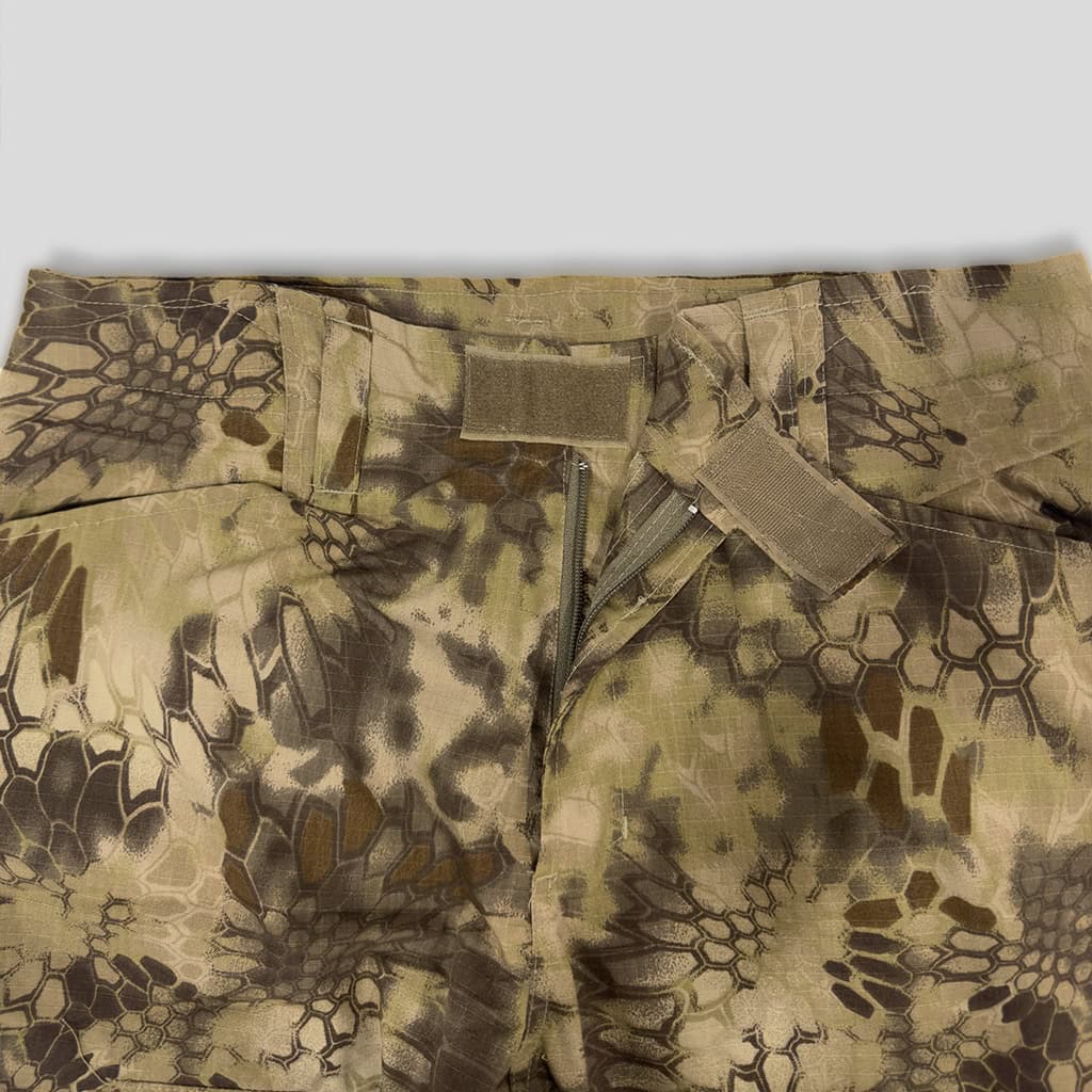 Close-up of the velcro-adjustable waistband on the custom python camo G2 combat uniform trousers.