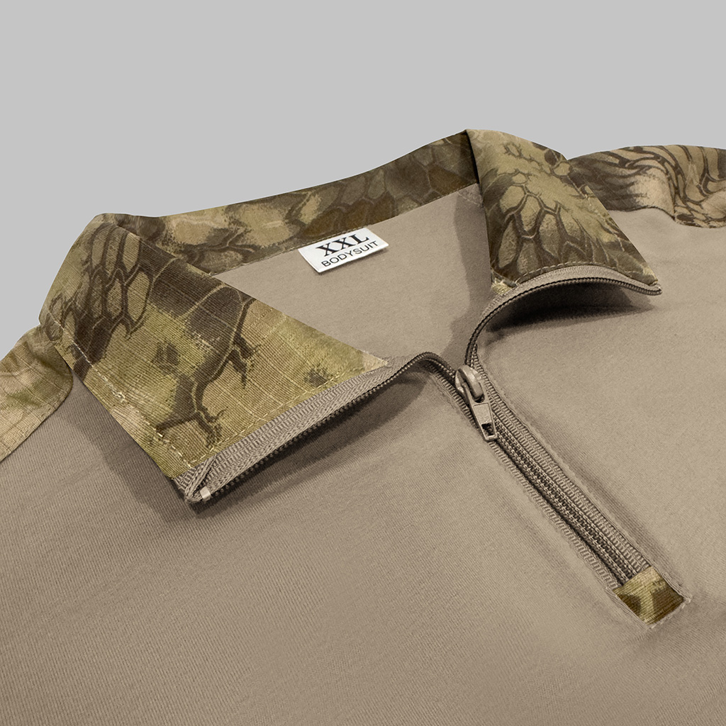 Close-up of the quarter-zip collar on the custom python camo G2 long sleeve combat shirt.
