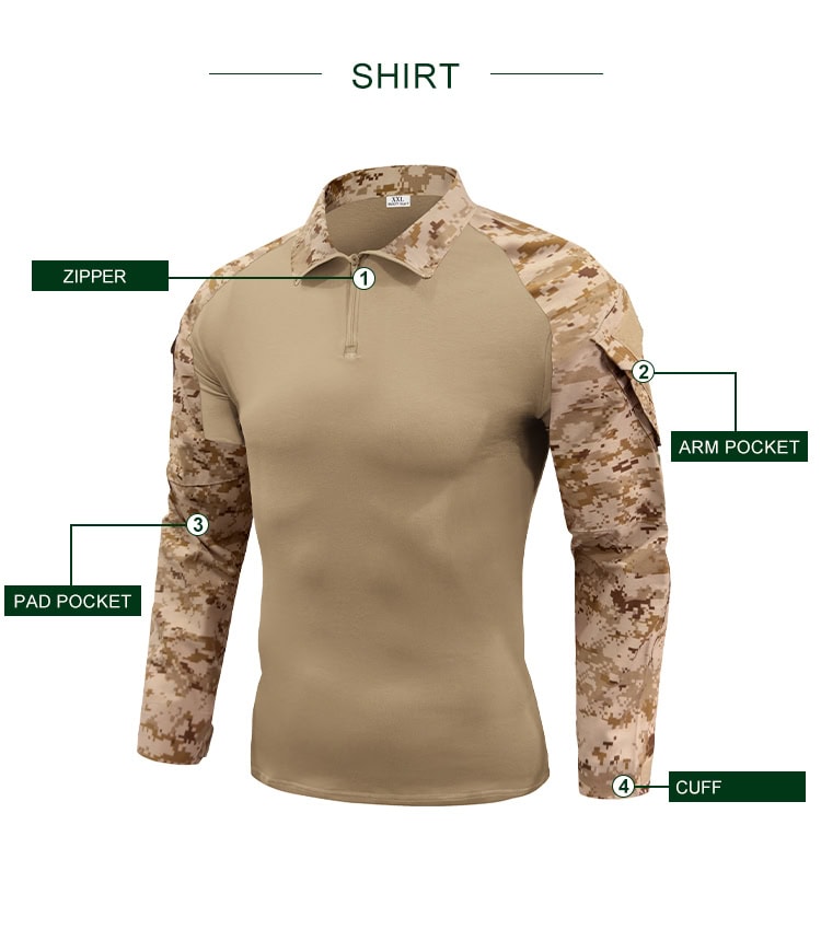 Infographic detailing the features of the custom digital desert G2 combat shirt: zipper, arm pocket, pad pocket, and cuff.
