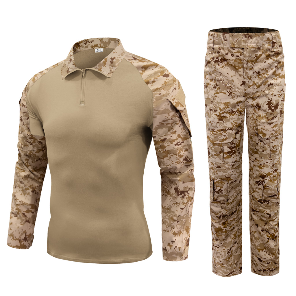 Front view of the complete custom digital desert G2 combat uniform, featuring the combat shirt and tactical pants with pad pockets.