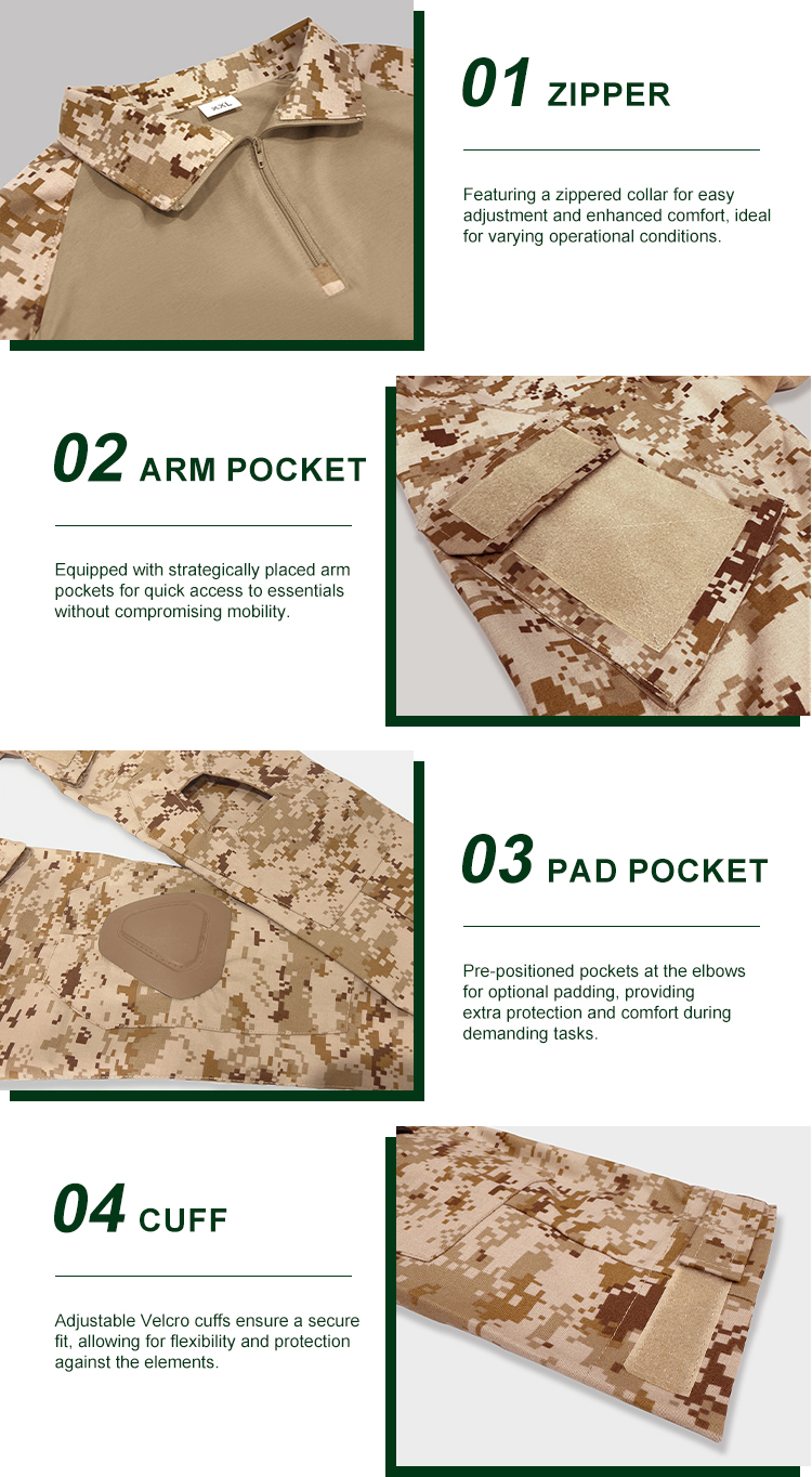Detailed infographic of four G2 combat shirt features: zippered collar, velcro arm pocket, elbow pad pocket, and adjustable cuff.