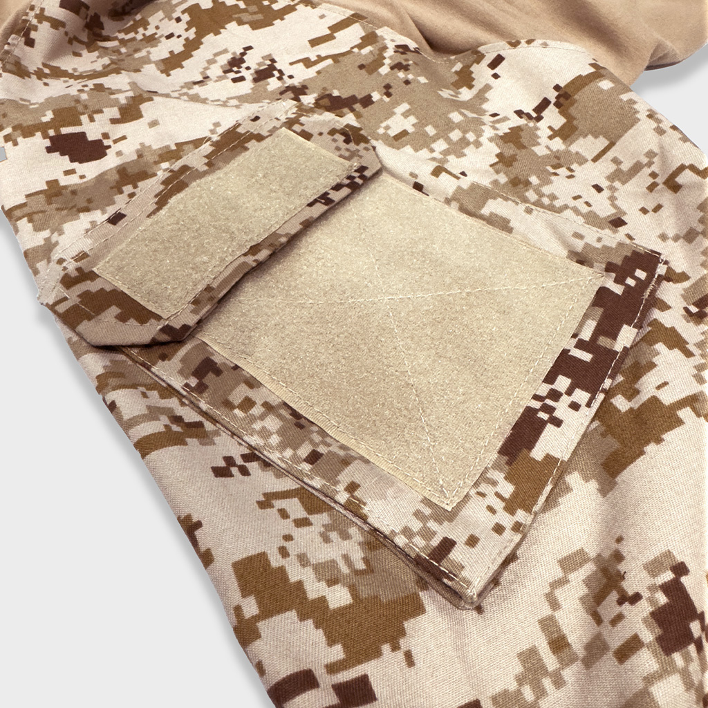 Close-up of the velcro arm pocket on the sleeve of the custom digital desert G2 combat shirt.