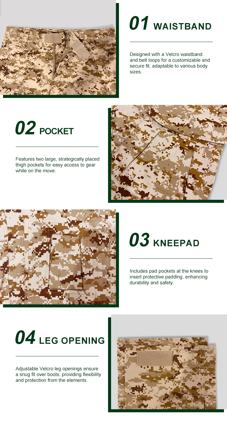 Detailed infographic of four G2 trouser features: velcro waistband, thigh pocket, knee pad pocket, and velcro leg opening.