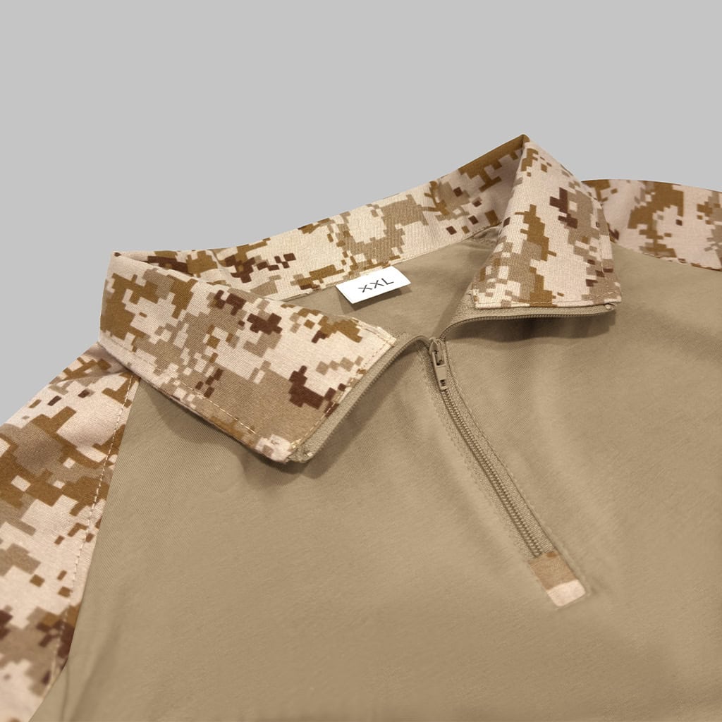Close-up of the quarter-zip collar on the custom digital desert G2 long sleeve combat shirt.
