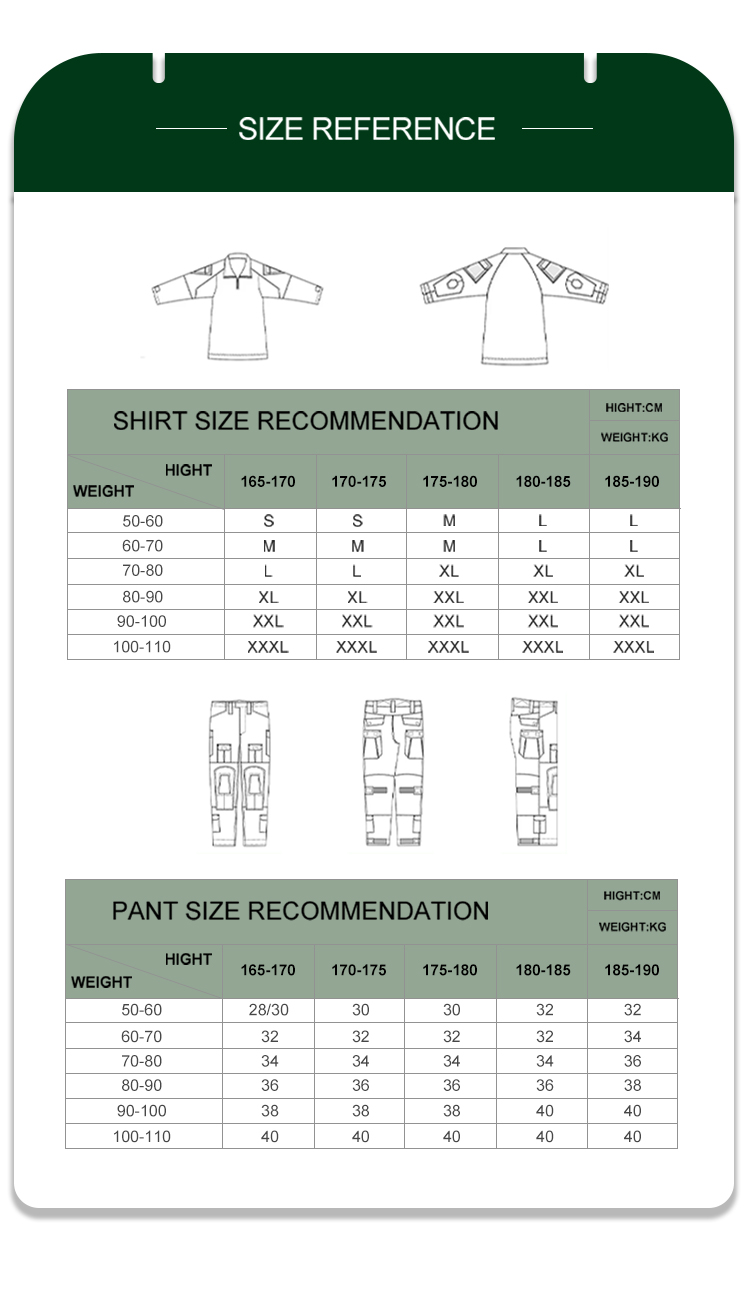 Full size recommendation chart with measurements for the custom digital desert G2 combat shirt and trousers.