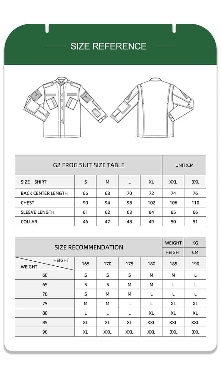 Full size reference chart with measurements and recommendations for the custom jungle digital long sleeve combat shirt.