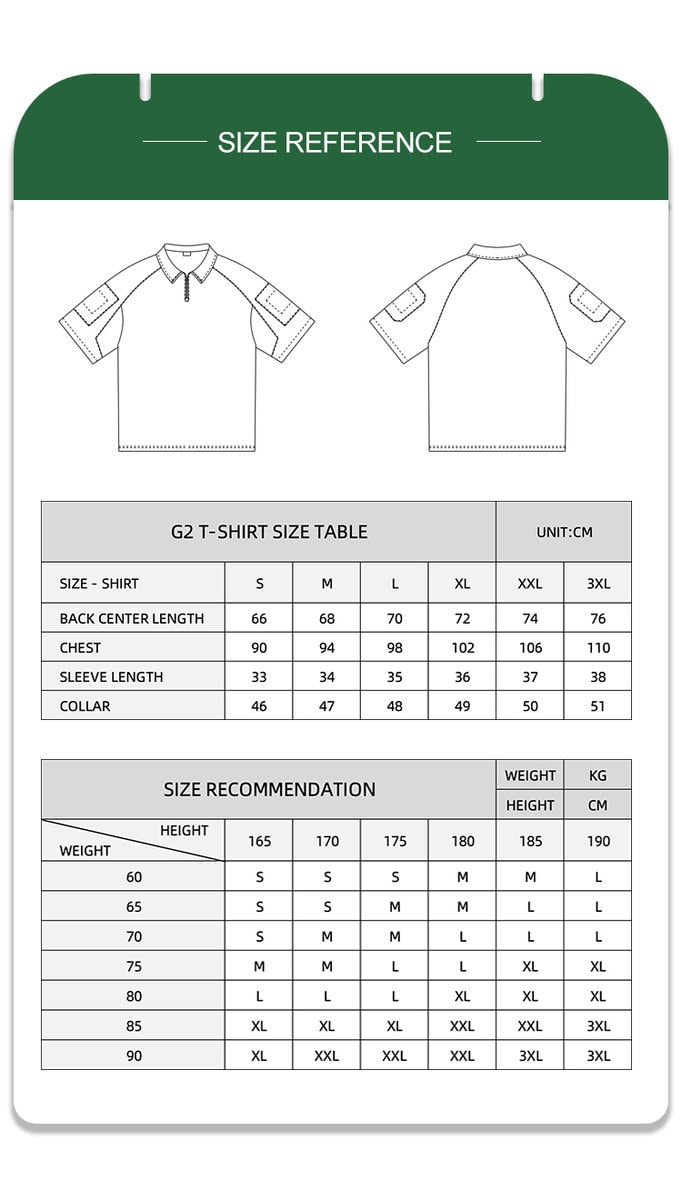 Full size reference chart with measurements for the short sleeve desert digital combat shirt, including a size recommendation guide.