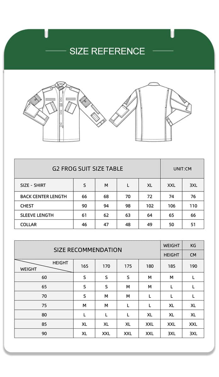 Full size reference chart with measurements and recommendations for the custom digital desert long sleeve combat shirt.