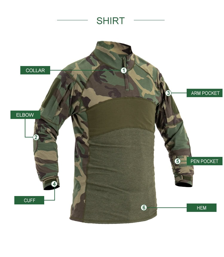 Infographic detailing the features of the custom woodland camo G4 combat shirt: collar, elbow pad, arm pocket, and cuff.