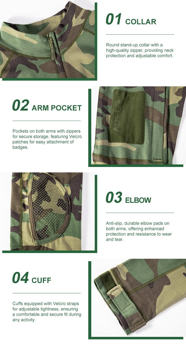 Detailed infographic of four G4 combat shirt features: stand-up collar, zippered arm pocket, integrated elbow pad, and velcro cuff.