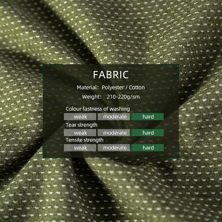 Chart of the durable fabric used for the custom woodland camo G4 combat shirt, showing hard ratings for strength and color fastness.