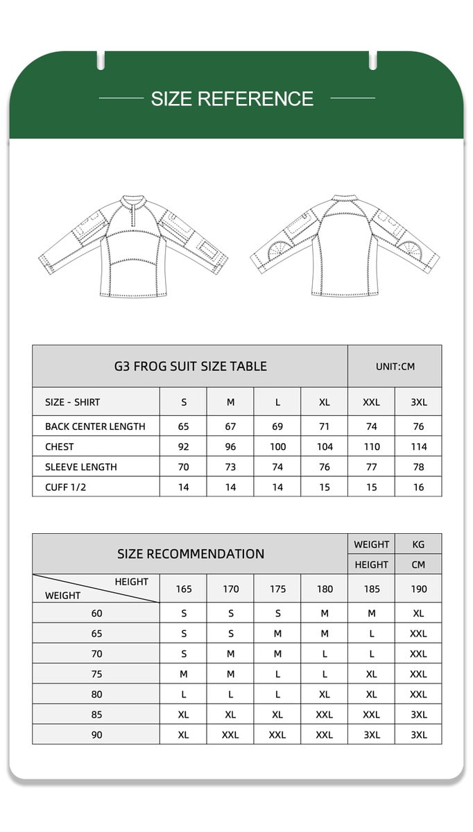 Full size reference and recommendation chart with measurements for the custom woodland camo G4 combat shirt.