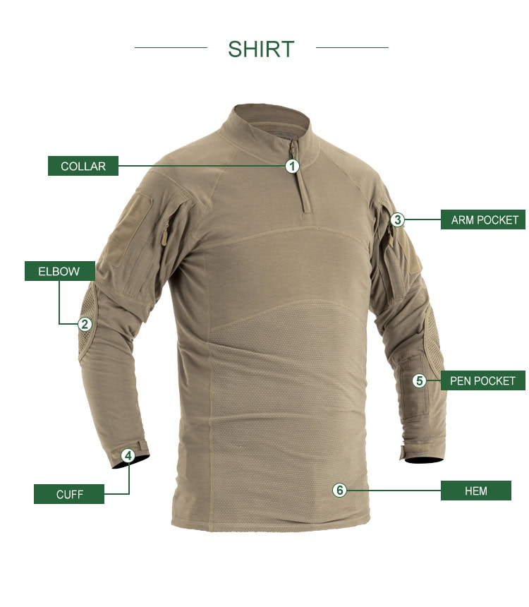 Infographic detailing the features of the custom khaki G4 long sleeve combat shirt: collar, elbow pad, arm pocket, and cuff.