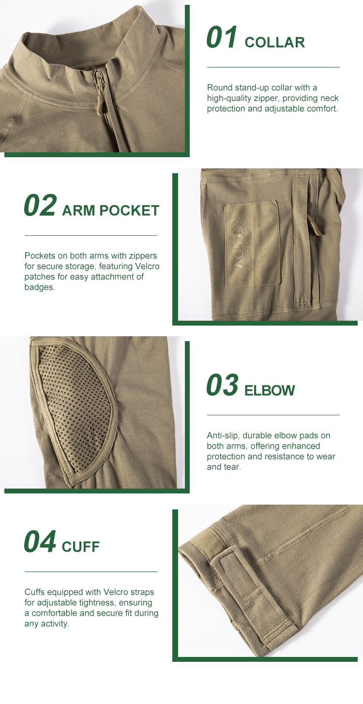 Detailed infographic of four G4 combat shirt features: stand-up collar, zippered arm pocket, integrated elbow pad, and velcro cuff.