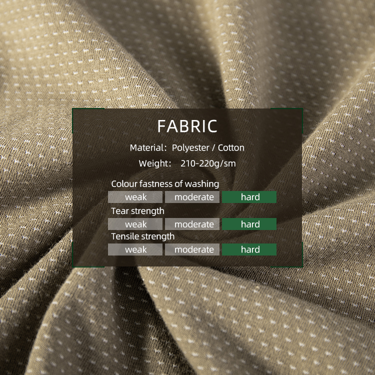 Chart of the durable fabric used for the custom khaki G4 long sleeve combat shirt, showing hard ratings for strength and color fastness.
