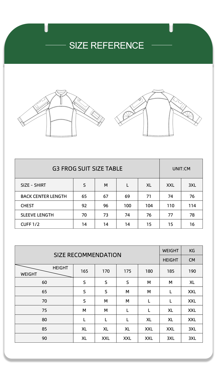Full size reference and recommendation chart with measurements for the custom khaki G4 long sleeve combat shirt.