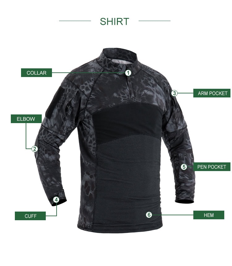 Infographic detailing the features of the custom black python G4 long sleeve combat shirt: collar, elbow pad, arm pocket, and cuff.