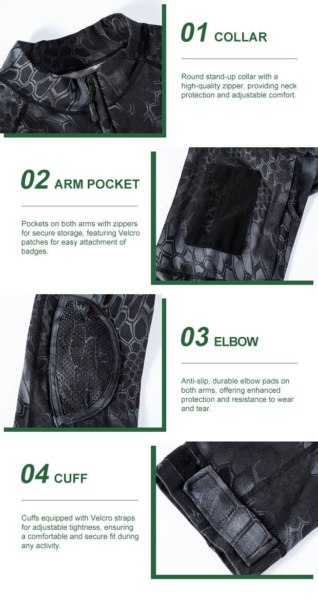 Detailed infographic of four G4 combat shirt features: stand-up collar, zippered arm pocket, integrated elbow pad, and velcro cuff.