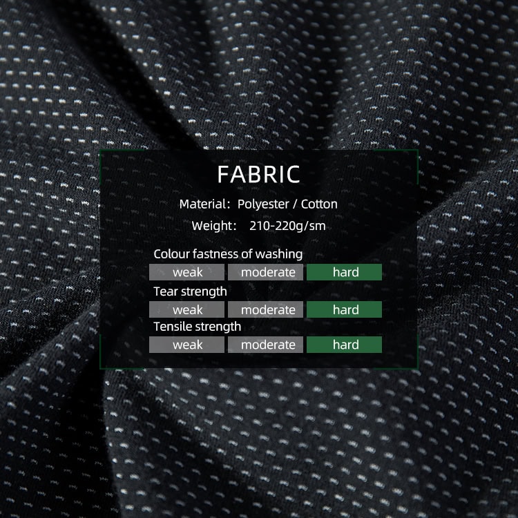 Chart of the durable fabric used for the custom black python G4 long sleeve combat shirt, showing hard ratings for strength and color fastness.