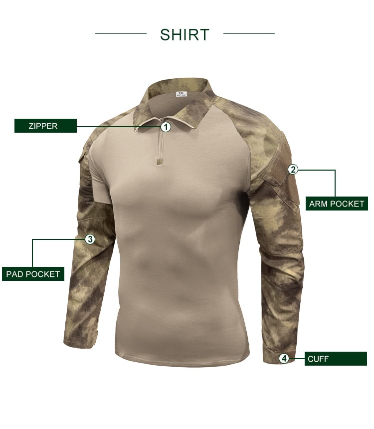 Infographic detailing the features of the custom Mali desert camo G2 combat shirt: zipper, arm pocket, pad pocket, and cuff.