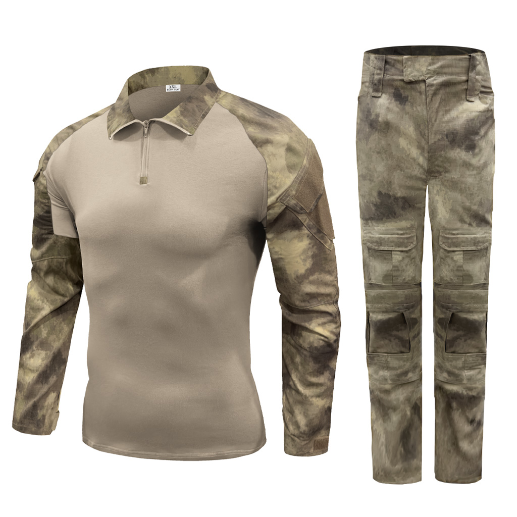 Front view of the complete custom Mali desert camo G2 combat uniform, featuring the combat shirt and tactical pants with pad pockets.
