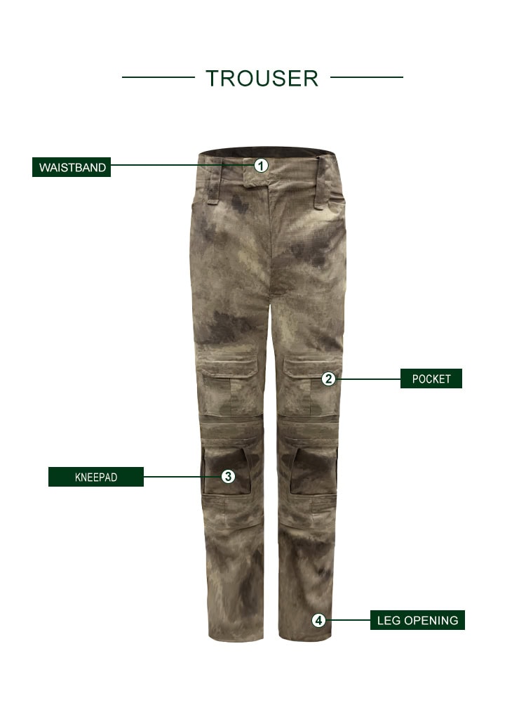 Infographic of the custom Mali desert camo G2 combat uniform trousers, highlighting the waistband, pockets, knee pad, and leg opening.