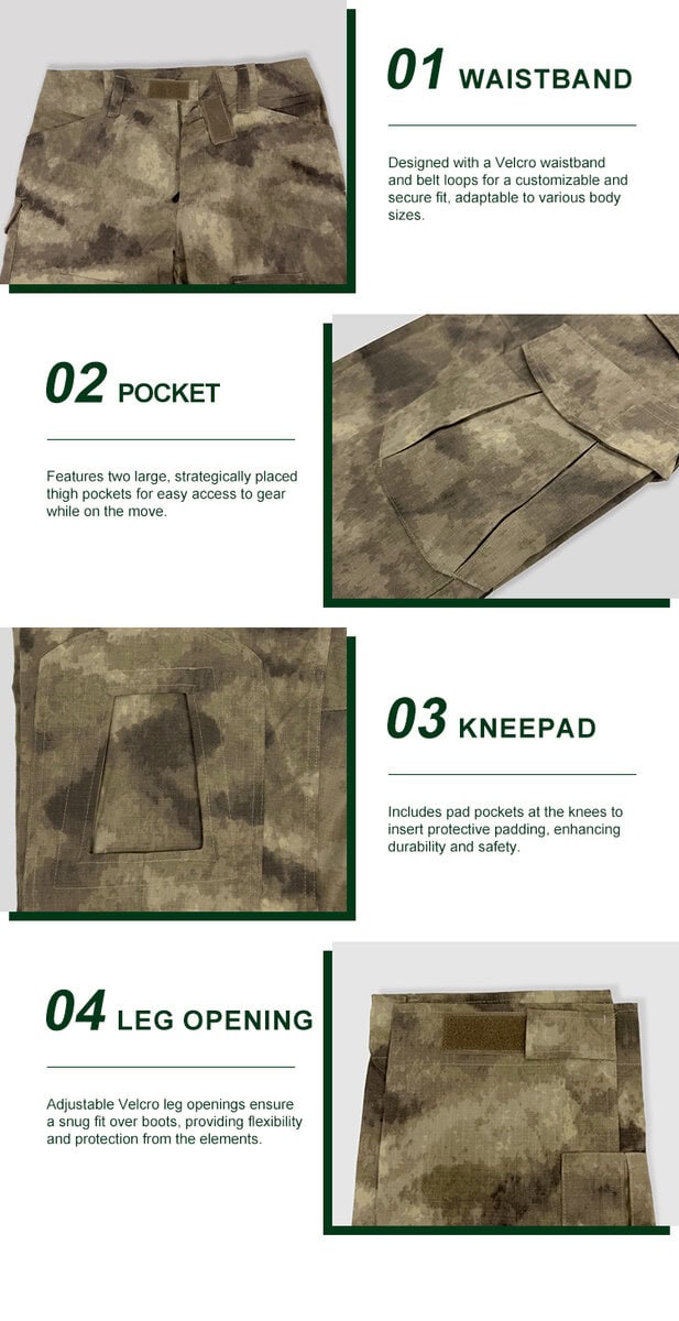 Detailed infographic of four G2 trouser features: velcro waistband, thigh pocket, knee pad pocket, and velcro leg opening.
