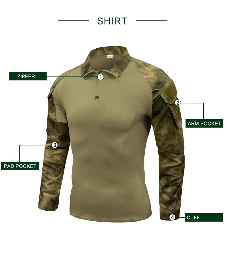 Infographic detailing the features of the custom ATACS G2 combat shirt: zipper, arm pocket, pad pocket, and cuff.